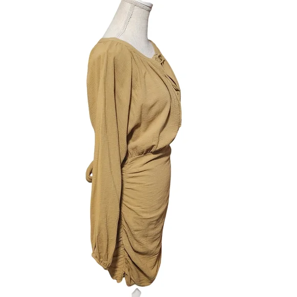 FREE PEOPLE The Only One Mini Dress Womens Small Tan Long Sleeve Ruched Tie Boho - Picture 9 of 16